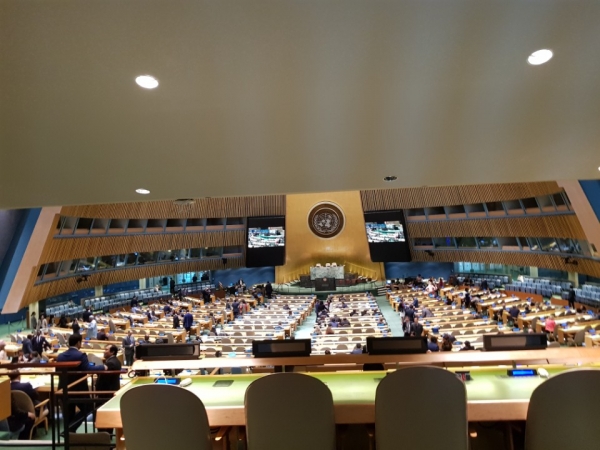 유엔본부는 현재 193개국이 회원으로 가입되어 있다.  유엔본부 총회장에서  회의가 열리고 있다.