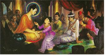 석가모니 부처님께서는 아들 라훌라의 교육을 목련존자(부처님 뒤에 앉아 있는 분)에게 부탁했다.