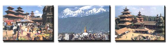네팔의 카트만두 계곡에 있는 불탑사원과 히말라야의 풍경.