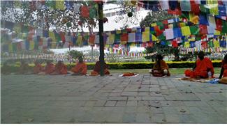 마야 데비 사원과 연못가에서 명상하면서 조용히 기도정진하고 있는 네팔스님들.