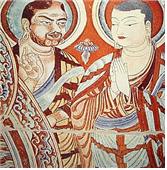 중앙아시아 승려가 중국승려에게 가르침을 베풀고 있는 그림이다. 9〜10세기 투르판 화염산 근처 절벽에 위치한 5세기에서 9세기에 걸친 불교 벽화가 있는 석굴 유적인 베제클리크 천불동.