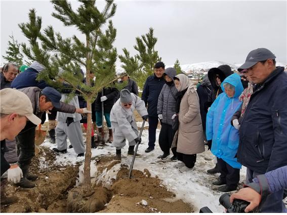 부산 홍법사 주지 심산스님이 몽골 수도 울란바타르 근교에서 나무를 심고 있다. (2019년 5월 18일)