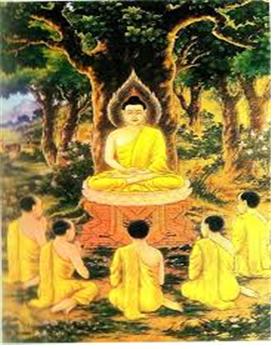 부처님이 사슴동산(녹야원)에서 5비구에게 최초의 설법을 하고 있는 장면.