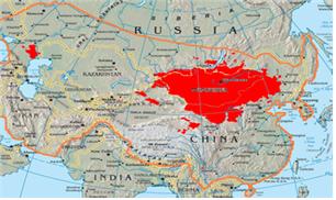 13세기 몽골제국의 판도와 현재의 몽골(붉은 색)
