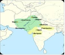 녹색 부분이 스키타이 영역이며 노란색 부분은 인도까지 확장한 영토이다.