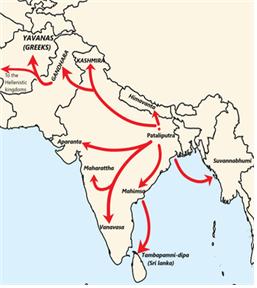 아소카 왕 시대 불교전도의 경로 지도. 지도에서 제일 윗부분이그리스가 인도 북부(페르시아)지역에 식민지를 건설하고 있었다.