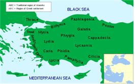고대 소아시아(아나톨리아)의 지방들 지도: 이오니아(Ionia, Ιωνία)는 왼쪽 가운데에 위치 한다. 오늘날 터키 지역.