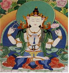 네 개의 손을 가진 티베트 스타일의아바로키테스바라.