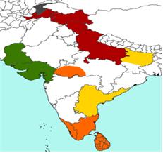 붉은 색(스라바스티와다): 남인도와 중부 인도, 스리랑카, 오렌지색(상좌부), 대중부(황색), 독자부(녹색), 회색(법장부).