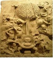 마왕이 석가모니 부처님을 유혹하는 장면.2세기 아마라와티(안드라 프라데시 주), 인도