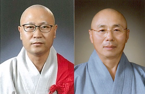 제주교구 제15대 종회 의장으로 선출된 수상 스님(왼쪽)과 부의장 대성 스님.