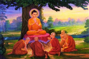 부처님께서 최초로 설법하시는 장면을 묘사한 초전법륜도.