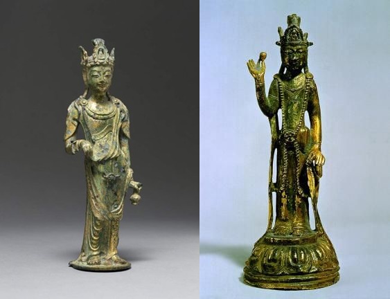 7세기 백제미술의 최고 걸작으로 꼽히는 '백제금동관음보살입상'. 왼쪽이 일본에 반출된 일명 백제미소보살이며 오른쪽이 부여국립박물관에 소장된 관음보살입상이다.