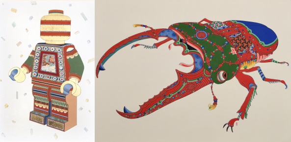 황두현 작. 사진 왼쪽 Dharma figure 1, 150X100㎝면에 채색, 2019. 오른쪽은 사슴벌레, 73X100㎝ 종이에 채색, 2016.