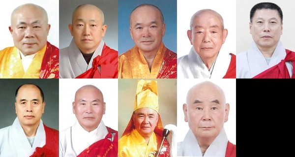 대종사 법계 품서를 받은 스님들. 사진 왼쪽부터 차례로 구산도관, 무위영원, 일허성오, 향산혜일, 심곡현명, 벽산혜정, 지담지관, 매계수헌, 일호성각 스님.